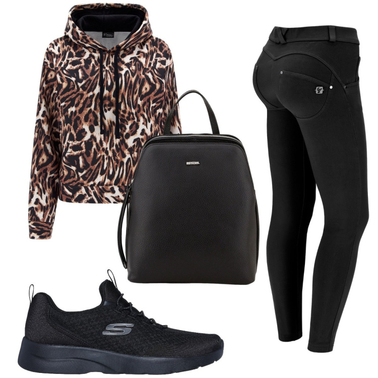 Outfit donna - Total look #1766846. Stile Trendy per Sport. Abbinamento con zaini, pantaloni skinny, felpe con cappuccio, sneakers.
