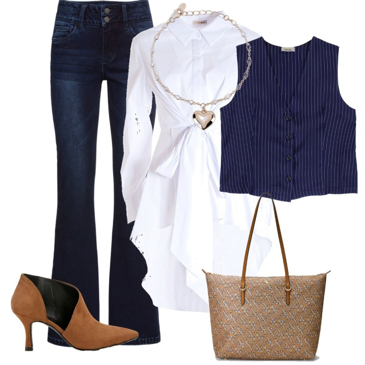 Outfit donna - Camicia over lunga. Stile Chic per Ufficio. Abbinamento con jeans bootcut, braccialetti, camicie, stivaletti, gilet, borse tote.