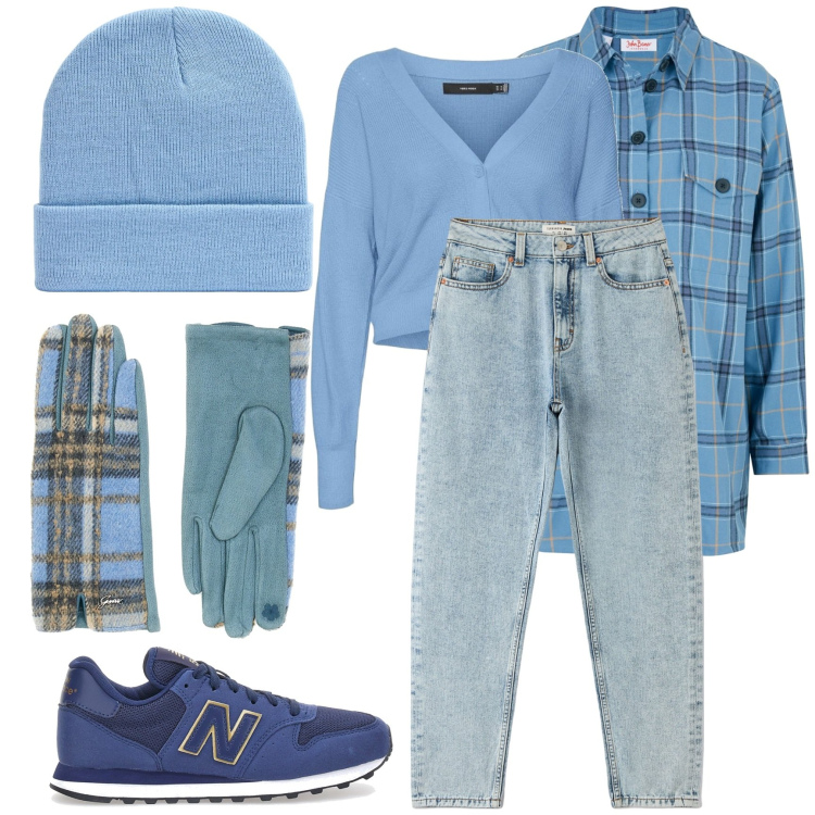 Outfit donna - Winter accessories. Stile Basic per Tutti i giorni. Abbinamento con camicie, jeans mom, berretti, cardigans, sneakers alte, guanti.