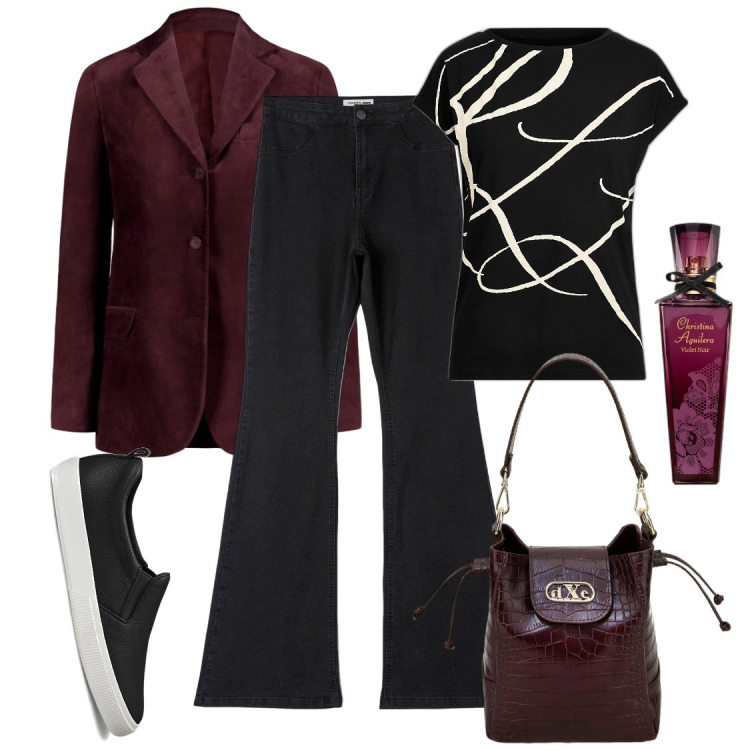 Outfit donna - Metà novembre, a.m.. Stile Casual per Scuola/Università. Abbinamento con profumi, jeggings, maglieria, sneakers, borse a secchiello, blazer.