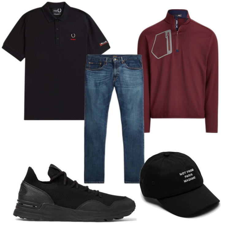 Outfit uomo - Total look #1766936. Stile Casual per Tutti i giorni. Abbinamento con jeans dritti, sneakers, pullovers, polo, cappelli con visiera.
