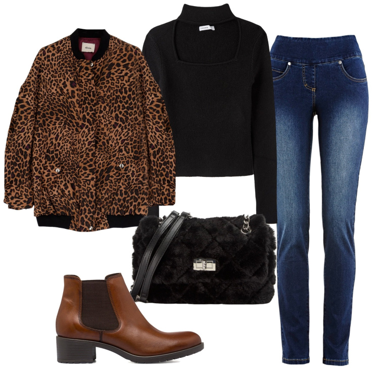 Outfit donna - Indizio animalier. Stile Casual chic per Tutti i giorni. Abbinamento con jeans slim fit, maglieria, borse a spalla, cappotti, stivaletti.