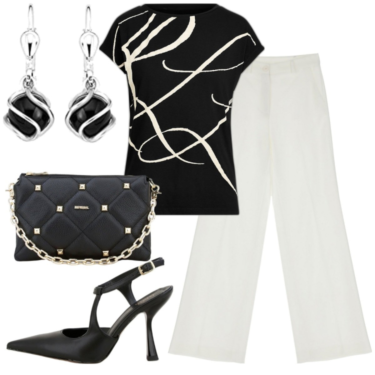 Outfit donna - Total look #1766956. Stile Chic per Serata fuori. Abbinamento con pantaloni a palazzo, pochette, décolleté, maglieria, orecchini.