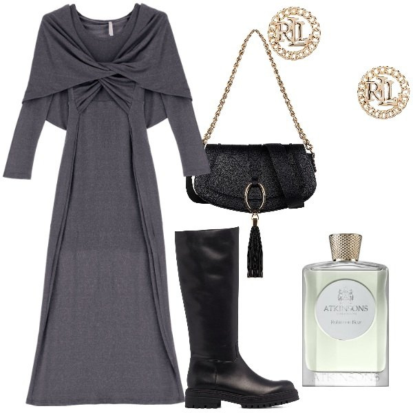 Outfit donna - Stivale flat e abito lungo. Stile Chic per Serata fuori. Abbinamento con profumi, borse a spalla, vestiti lunghi, orecchini, stivali.