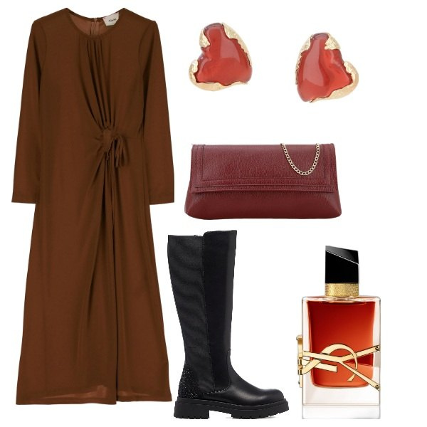Outfit donna - Stivale flat e abito lungo. Stile Chic per Serata fuori. Abbinamento con profumi, vestiti lunghi, orecchini, pochette, stivali.