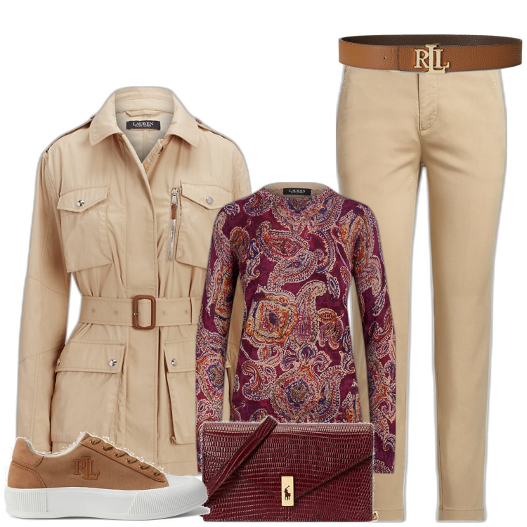 Outfit donna - Ralph Lauren speciale petit. Stile Casual chic per Tutti i giorni. look ideale per Petite. Abbinamento con cinture, pantaloni chino, cappotti, maglieria, sneakers, clutch.