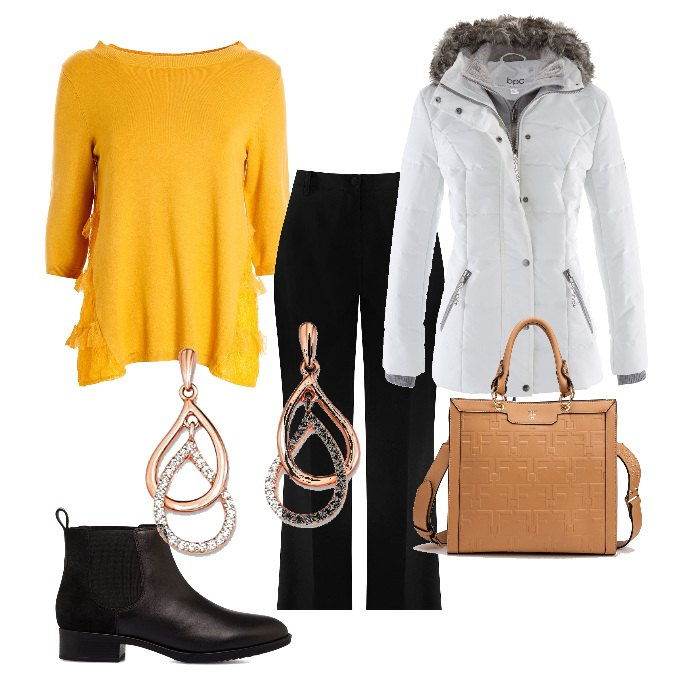 Outfit donna - Comoda in ufficio. Stile Casual per Ufficio. Abbinamento con piumini, pantaloni, maglieria, borse tote, stivaletti, orecchini.