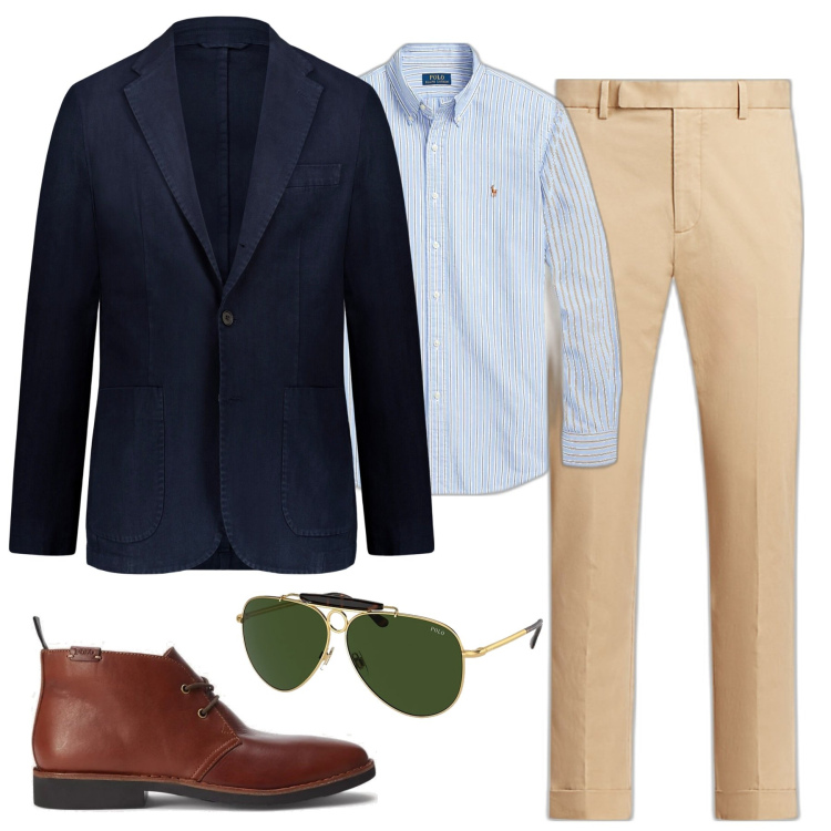 Outfit uomo - City. Stile Business/Elegante per Tutti i giorni. Abbinamento con camicie, pantaloni chino, stivali e stivaletti, occhiali da sole, giacche.