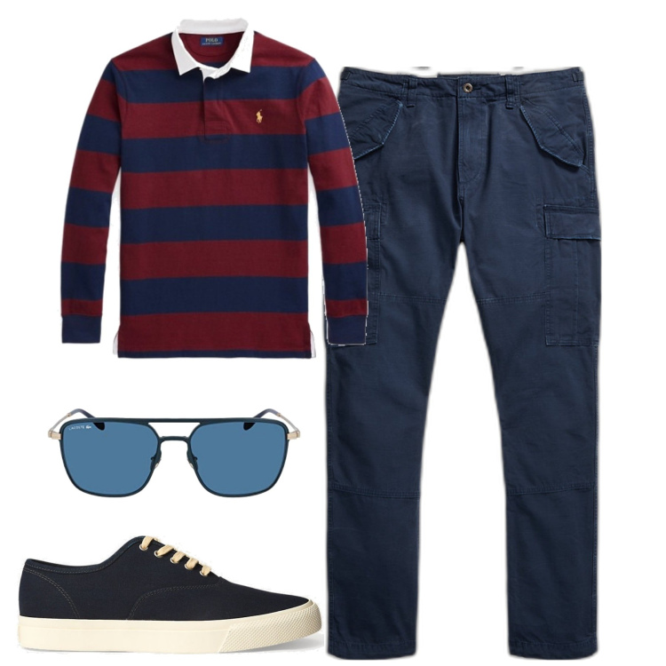 Outfit uomo - Weekend. Stile Casual per Tutti i giorni. Abbinamento con sneakers, pantaloni cargo, maglieria, occhiali da sole.