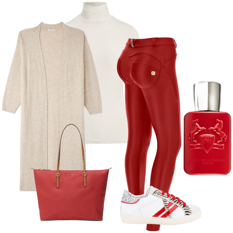 Outfit donna - Pomeriggio d\'autunno. Stile Casual per Tutti i giorni. Abbinamento con profumi, sneakers, cardigans, pantaloni skinny, borse tote, maglieria.