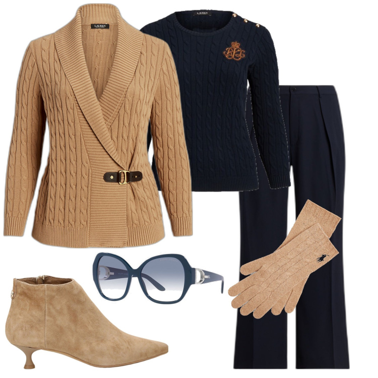 Outfit donna - Una giornata d’autunno in relax. Stile Casual per Tutti i giorni. Abbinamento con stivaletti, maglieria, maglieria, occhiali da sole, guanti, pantaloni.