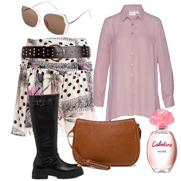 Outfit donna - Maxi anfibi. Stile Preppy per Scuola/Università. Abbinamento con occhiali da sole, camicie, profumi, gonne, borse a tracolla, stivali sopra il ginocchio.