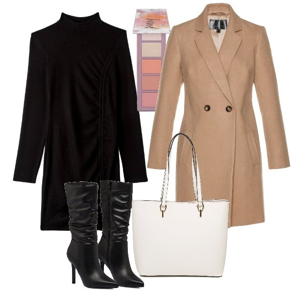 Outfit donna - Camel coat, mini e tacco. Stile Chic per Ufficio. Abbinamento con cappotti, blush, vestiti corti, stivali sopra il ginocchio, borse a spalla.