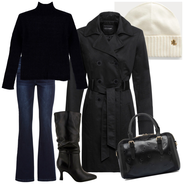 Outfit donna - The fashion corner. Stile Urban per Tutti i giorni. Abbinamento con trench, jeans bootcut, pullovers, stivali, berretti, borse a mano.