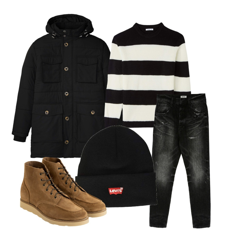 Outfit uomo - Ghost outfitter - novembre. Stile Casual per Tutti i giorni. Abbinamento con parka, maglieria, jeans slim fit, berretti, stivali e stivaletti.