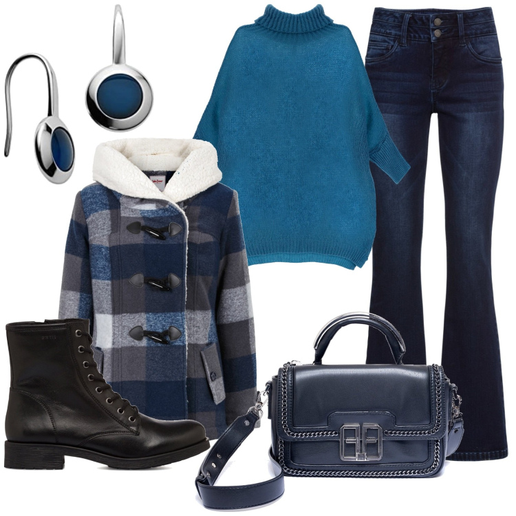 Outfit donna - Casual inverno. Stile Basic per Tutti i giorni. Abbinamento con jeans bootcut, blazer, borse a spalla, maglieria, anfibi, orecchini.