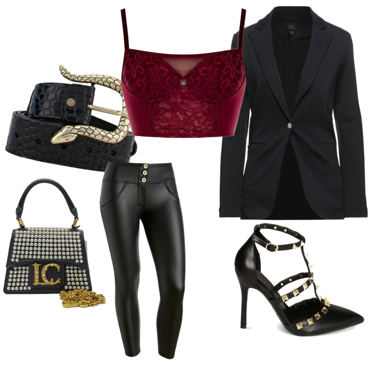 Outfit donna - Spritz prima di una cena. Stile Rock per Serata fuori. Abbinamento con blazer, culotte, décolleté, pantaloni skinny, cinture, borse a mano.