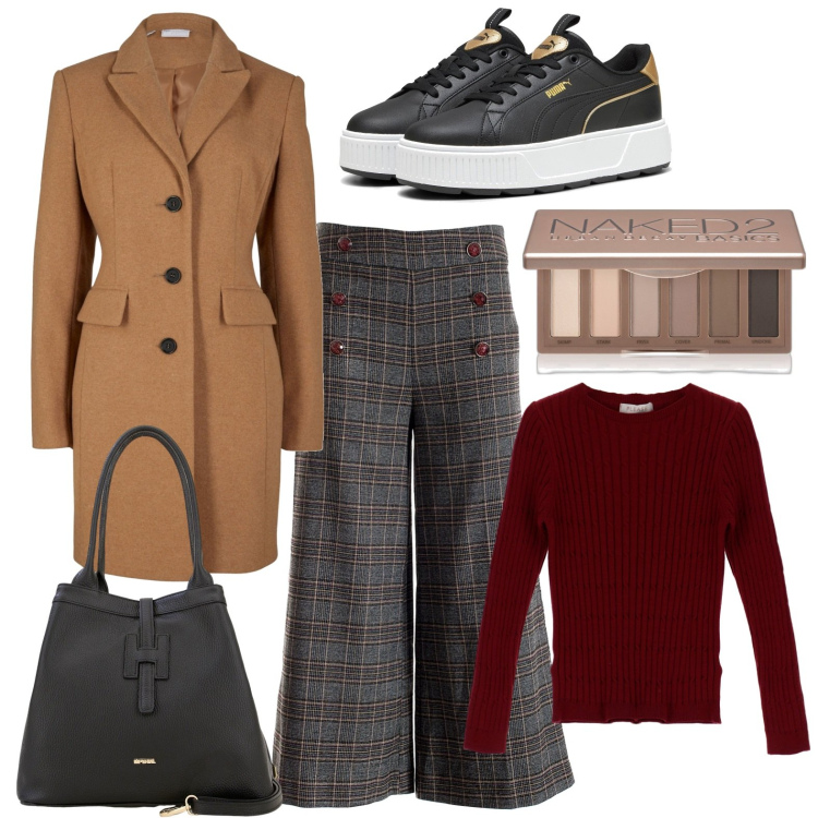 Outfit donna - Passeggiata d\'autunno. Stile Basic per Tutti i giorni. Abbinamento con cappotti, ombretti, pullovers, pantaloni culotte, borse a secchiello, sneakers.