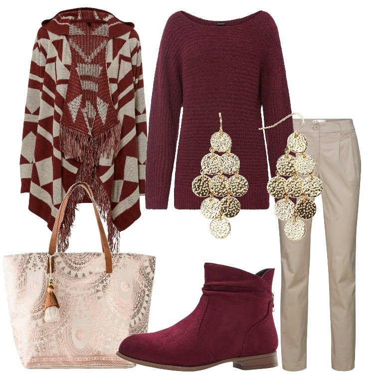Outfit donna - BonPrix - Black Friday 2023. Stile Etnico per Tutti i giorni. Abbinamento con maglieria, pantaloni chino, cardigans, stivaletti, orecchini, shopping bag.