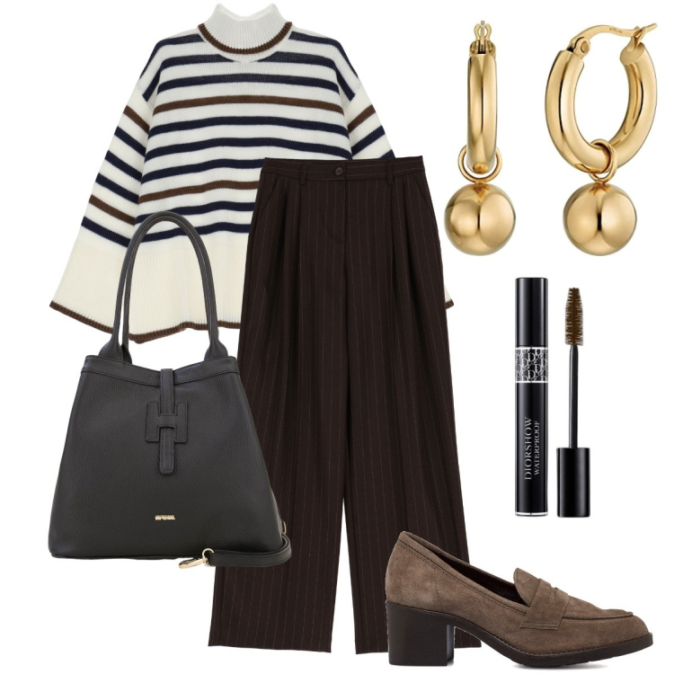 Outfit donna - Righe a tema. Stile Trendy per Ufficio. Abbinamento con mascara, borse a secchiello, pantaloni a palazzo, maglieria, mocassini, orecchini.