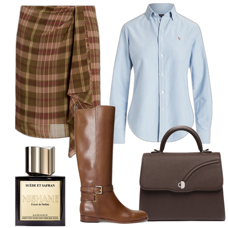 Outfit donna - Curvy preppy. Stile Preppy per Ufficio. Abbinamento con profumi, camicie, gonne, stivali sopra il ginocchio, borse a mano.