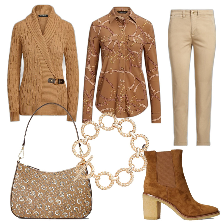 Outfit donna - In ufficio. Stile Basic per Ufficio. look ideale per Petite. Abbinamento con maglieria, camicie, braccialetti, borse a spalla, pantaloni chino, stivaletti chelsea.