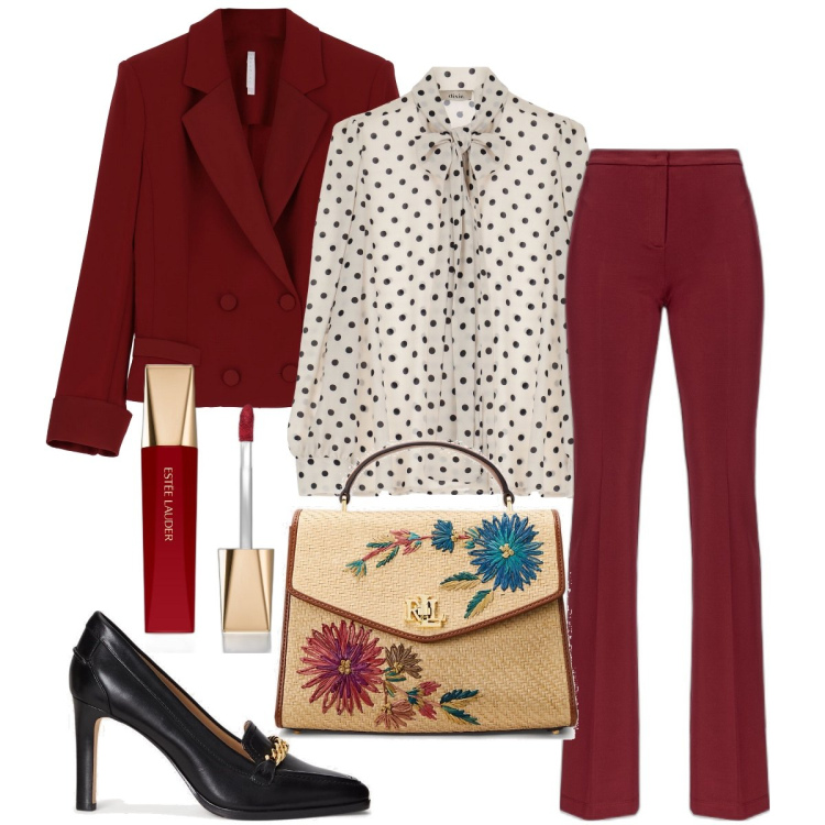 Outfit donna - Il completo bordeaux. Stile Chic per Ufficio. Abbinamento con rossetti, pantaloni, cappotti, camicie, décolleté, borse a mano.