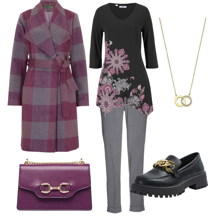 Outfit donna - Girandola. Stile Casual per Tutti i giorni. Abbinamento con pantaloni, maglieria, cappotti, mocassini, borse a tracolla, collane.
