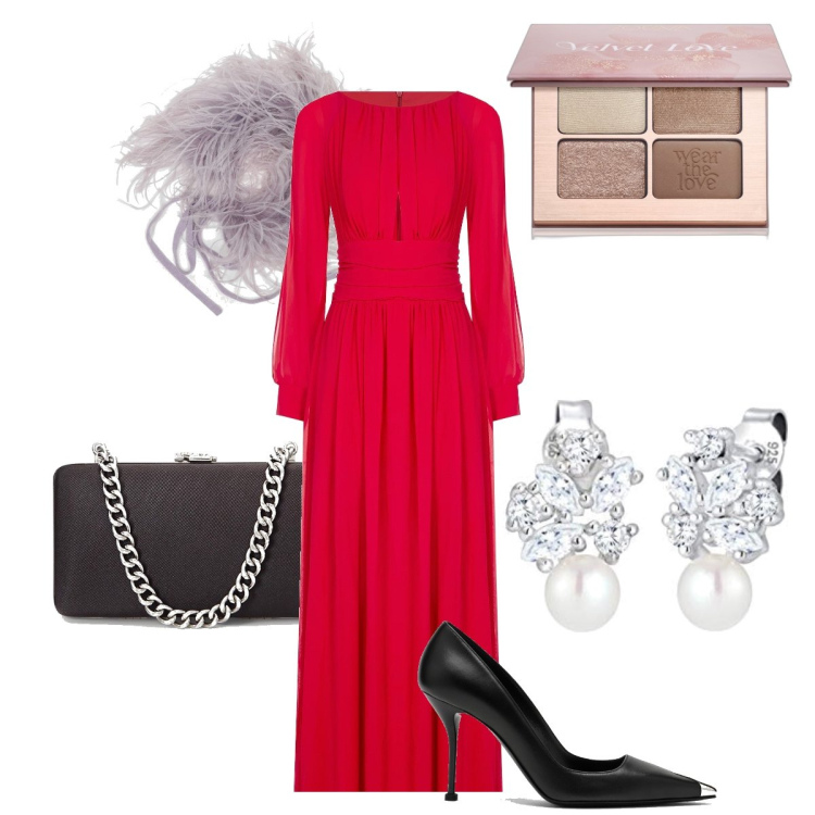 Outfit donna - Chic in rosso. Stile Chic per Cerimonia. Abbinamento con ombretti, vestiti, clutch, orecchini, décolleté, scialli.