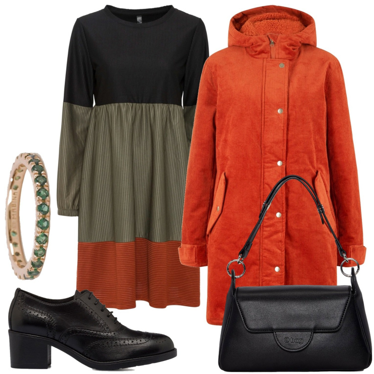 Outfit donna - Arancione autunnale. Stile Casual chic per Tutti i giorni. Abbinamento con vestiti corti, parka, anelli, scarpe stringate, borse a spalla.