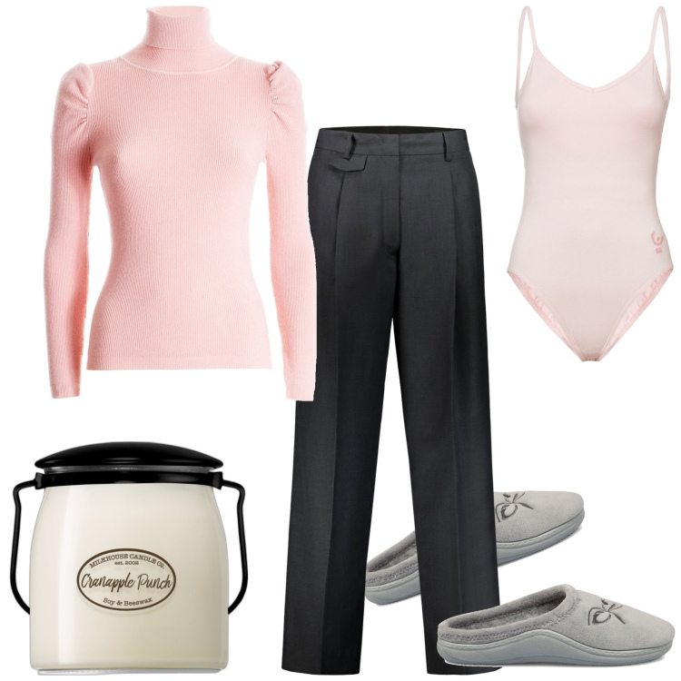 Outfit donna - Smart working. Stile Casual per Tutti i giorni. Abbinamento con profumi, maglieria, body, pantofole, pantaloni.