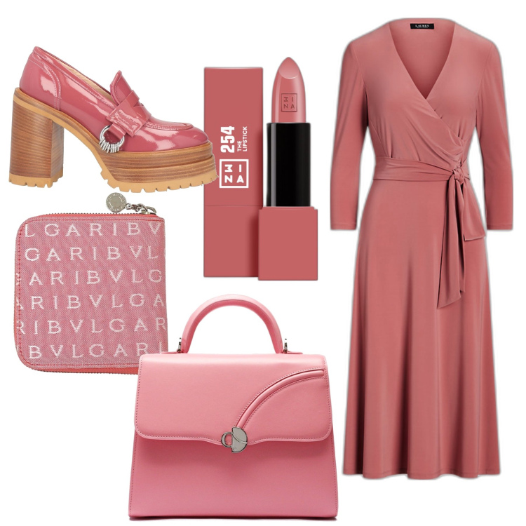 Outfit donna - Chic Pink. Stile Chic per Tutti i giorni. Abbinamento con mocassini, portafogli, rossetti, vestiti, borse a mano.