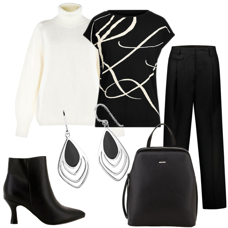 Outfit donna - Fuori casa per una serata. Stile Glamour per Serata fuori. Abbinamento con maglieria, zaini, stivaletti, maglieria, pantaloni, orecchini.