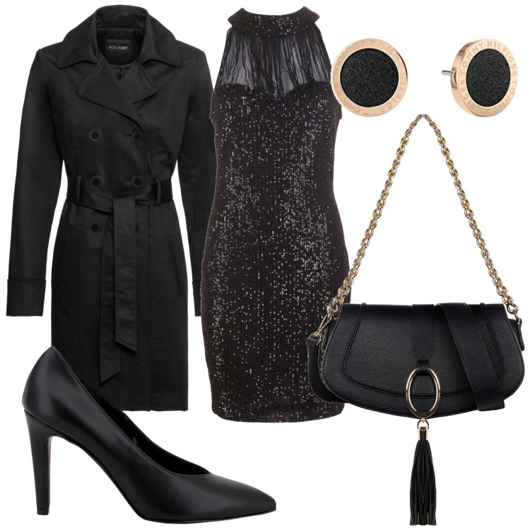 Outfit donna - Un vestito paiettes nere. Stile Chic per Serata fuori. Abbinamento con trench, borse a spalla, vestiti, décolleté, orecchini.