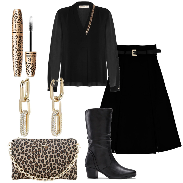 Outfit donna - Pronta per la serata. Stile Glamour per Serata fuori. Abbinamento con stivali, mascara, orecchini, bluse, gonne longuette, pochette.