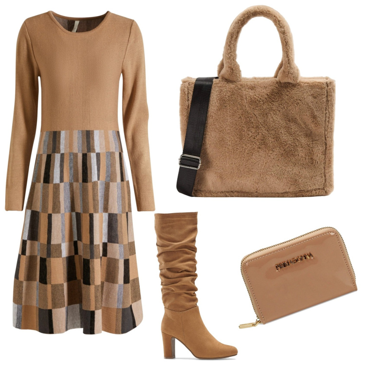 Outfit donna - Curvy nei toni del beige. Stile Casual chic per Tutti i giorni. Abbinamento con vestiti, stivali, shopping bag, portafogli.