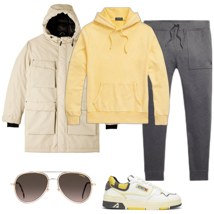 Outfit uomo - Sporty. Stile Casual per Sport. Abbinamento con parka, felpe con cappuccio, pantaloni, sneakers, occhiali da sole.