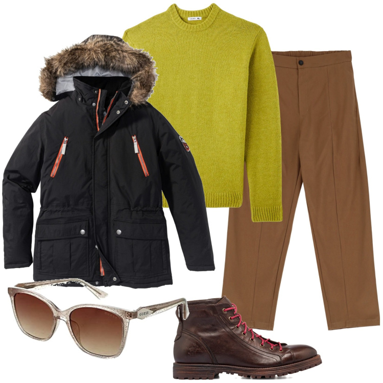 Outfit uomo - Un uomo fashion. Stile Trendy per Serata speciale. Abbinamento con parka, maglieria, pantaloni, anfibi, occhiali da sole.