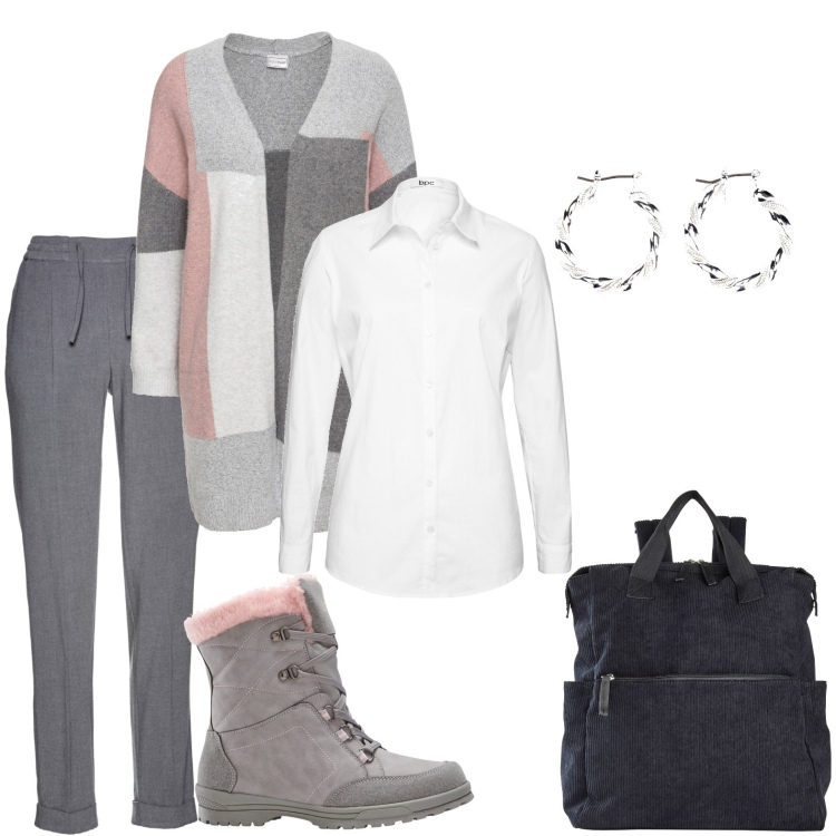Outfit donna - Casual. Stile Casual per Tutti i giorni. Abbinamento con pantaloni, camicie, zaini, orecchini, cardigans, stivali.