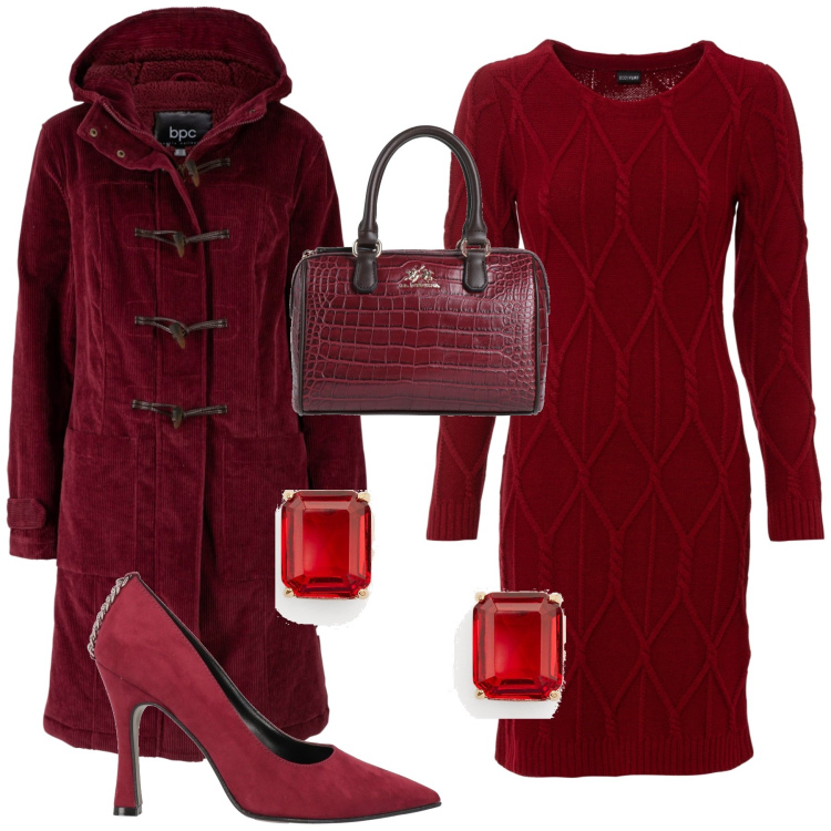 Outfit donna - Rosso rubino. Stile Glamour per Tutti i giorni. Abbinamento con montgomery, vestiti, borse a mano, décolleté, orecchini.