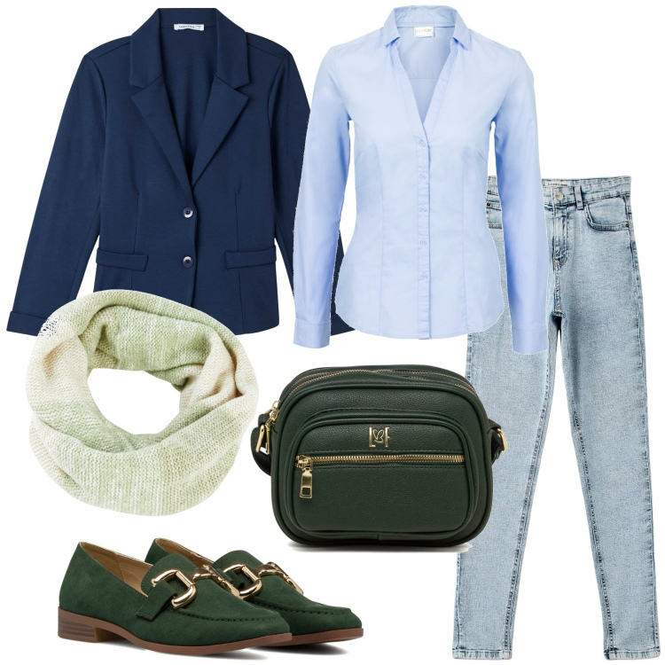 Outfit donna - Sporty chic. Stile Casual chic per Tutti i giorni. Abbinamento con camicie, foulard, jeans skinny, cappotti, borse a tracolla, mocassini.