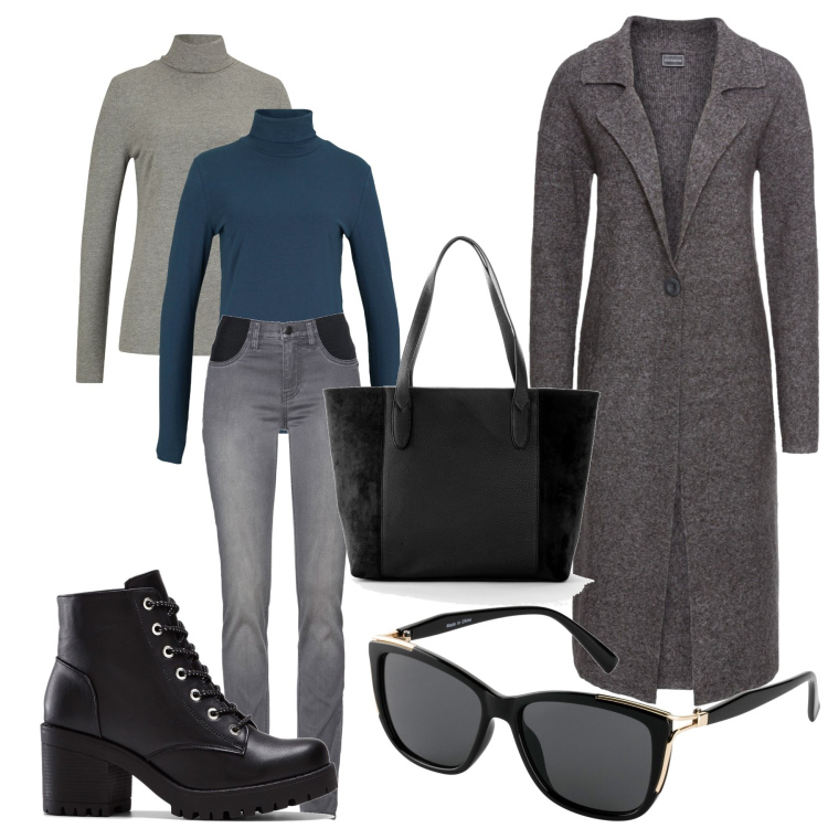 Outfit donna - Total look #1767319. Stile Minimal per Tutti i giorni. Abbinamento con jeans, shopping bag, stivaletti, cappotti, maglieria, occhiali da sole.