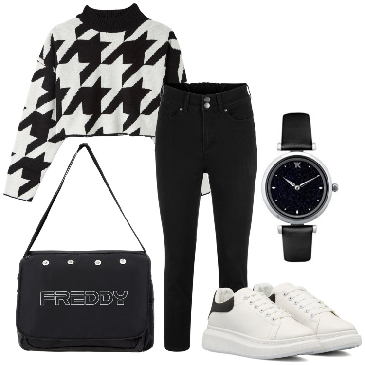 Outfit donna - Casual black & white. Stile Casual per Tutti i giorni. Abbinamento con jeans, maglieria, borse messenger, sneakers, orologi.