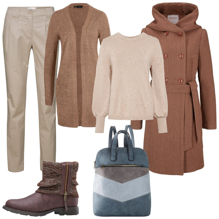 Outfit donna - Beige e caffè. Stile Casual per Tutti i giorni. Abbinamento con maglieria, pantaloni chino, cappotti, cardigans, zaini, stivaletti.