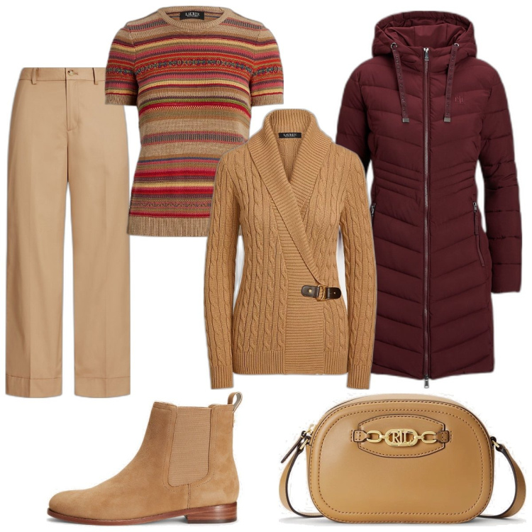 Outfit donna - Nei toni del Foliage. Stile Casual chic per Tutti i giorni. Abbinamento con maglieria, stivaletti chelsea, giacche, maglieria, borse a tracolla, pantaloni.