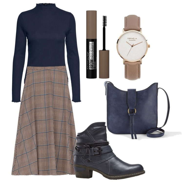 Outfit donna - Gonna Dixie. Stile Casual chic per Tutti i giorni. Abbinamento con stivaletti, borse a tracolla, mascara, top, gonne longuette, orologi analogici.