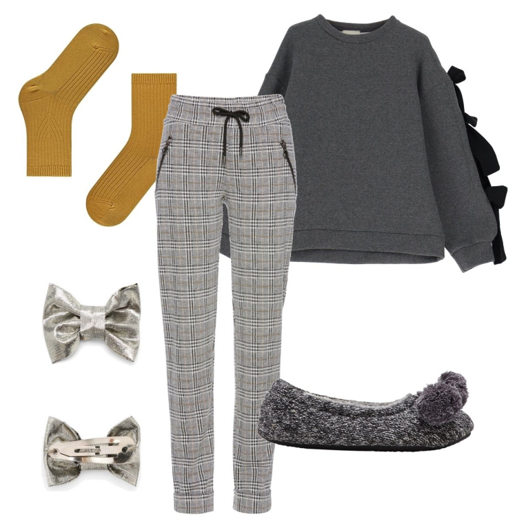 Outfit donna - A casa con gli amici. Stile Basic per Tutti i giorni. Abbinamento con pantaloni, pantofole, felpe, accessori per capelli, calzini.