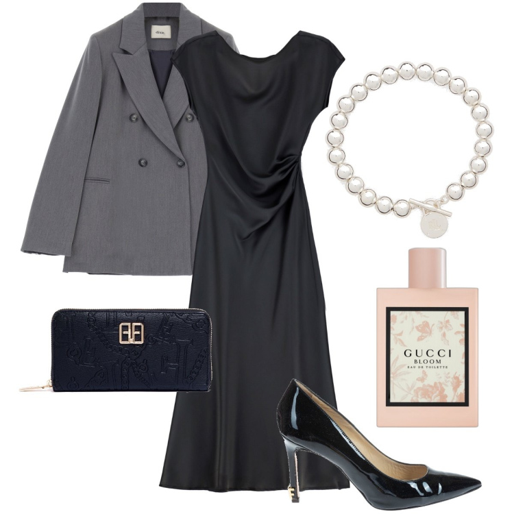 Outfit donna - Mi profumo con Gucci Bloom. Stile Chic per Serata fuori. Abbinamento con profumi, portafogli, décolleté, vestiti midi/longuette, braccialetti, cappotti.