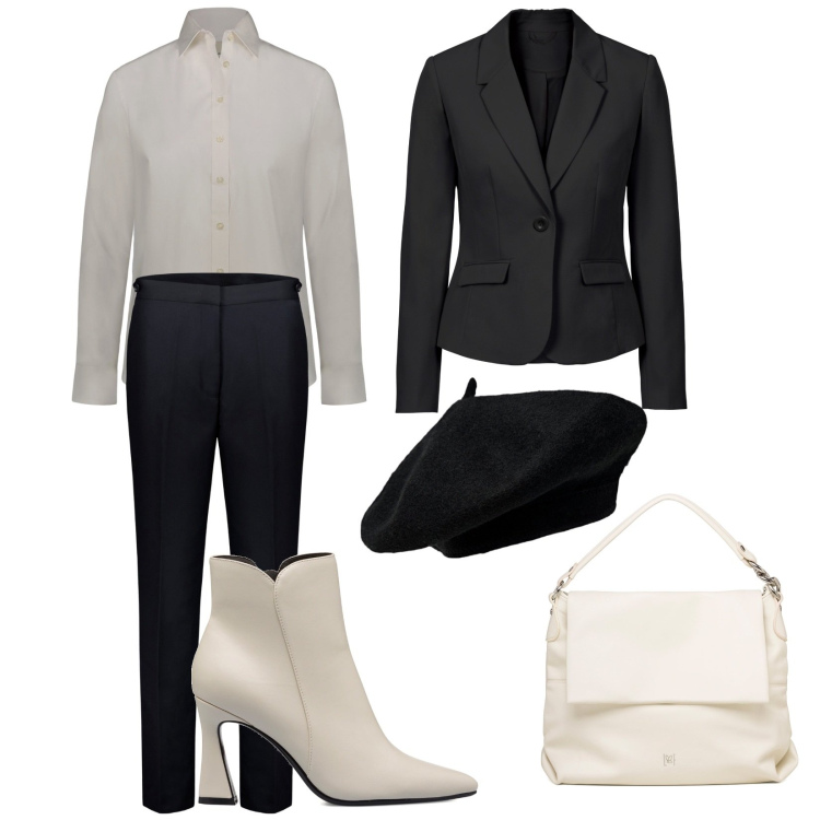 Outfit donna - Basic chic. Stile Chic per Ufficio. Abbinamento con blazer, stivaletti, borse a spalla, pantaloni, camicie, cappelli e berretti.