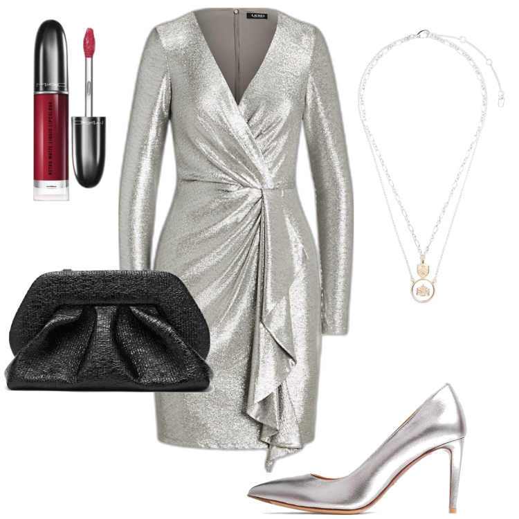 Outfit donna - Una serata brillante. Stile Glamour per Serata fuori. Abbinamento con rossetti, ciondoli, vestiti, décolleté, clutch.
